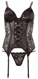 Cottelli LINGERIE - Koronkowa Koszulka Z Paskami Do Pończoch + Stringi Czarne L