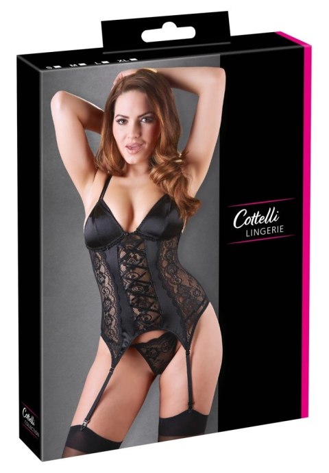 Cottelli LINGERIE - Koronkowa Koszulka Z Paskami Do Pończoch + Stringi Czarne M