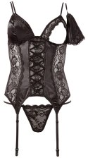 Cottelli LINGERIE - Koronkowa Koszulka Z Paskami Do Pończoch + Stringi Czarne S