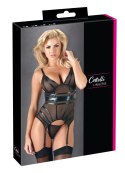 Cottelli LINGERIE - Seksowna Siateczkowa Koszulka Z Paskami Do Pończoch + Stringi Czarne L