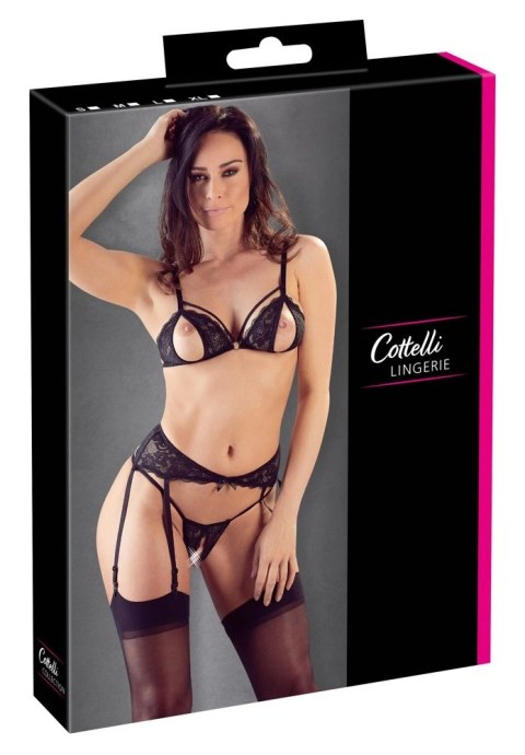 Cottelli LINGERIE - 3-Częściowy Zestaw Z Delikatnej Kwiatowej Koronki Czarny M