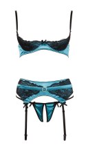 Cottelli LINGERIE - Seksowny 3-Częściowy Komplecik Z Niebieskiej Satyny I Delikatnej Koronki 80B/M