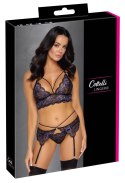 Cottelli LINGERIE - Seksowna Koronkowa Braletka Pas Do Pończoch I Stringi Czarny-Fioletowy L