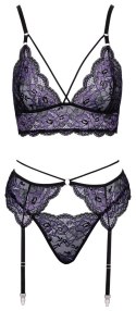 Cottelli LINGERIE - Seksowna Koronkowa Braletka Pas Do Pończoch I Stringi Czarny-Fioletowy L