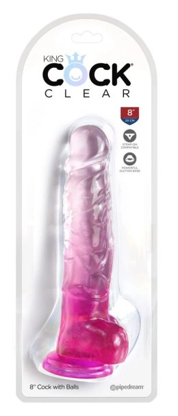 King Cock Clear - Realistyczne Dildo Z Jądrami I Przyssawką Przezroczyste-Różowe 20 CM