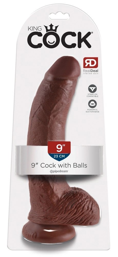 King Cock - Realistyczne Dildo Z Żołędziem Jądrami I Żyłkami 23 CM Brązowy Kolor Skóry