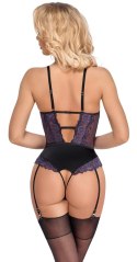 Cottelli LINGERIE - Body Z Fioletowej Koronki Z Paskami Do Pończoch Bez Krocza M