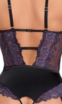 Cottelli LINGERIE - Body Z Fioletowej Koronki Z Paskami Do Pończoch Bez Krocza M