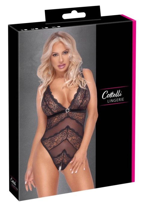 Cottelli LINGERIE - Elastyczne Czarne Body Bez Krocza Z Kwiatową Koronką XL