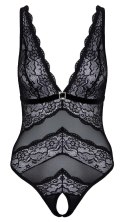 Cottelli LINGERIE - Elastyczne Czarne Body Bez Krocza Z Kwiatową Koronką XL