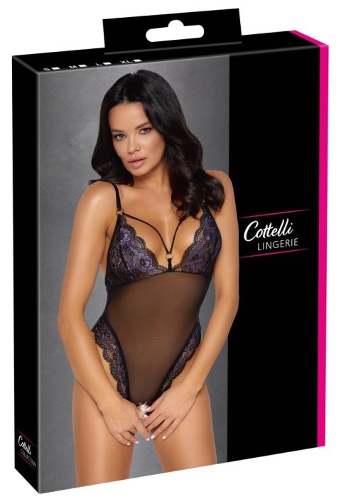 Cottelli LINGERIE - Seksowne Czarne Siateczkowe Body Z Fioletową Koronką L