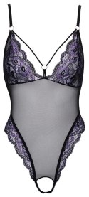 Cottelli LINGERIE - Seksowne Czarne Siateczkowe Body Z Fioletową Koronką M