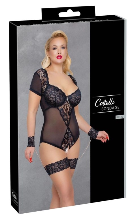 Cottelli Bondage - Siateczkowe Body Z Seksowną Koronką Bez Kroku Z Mankietami 95F/2XL