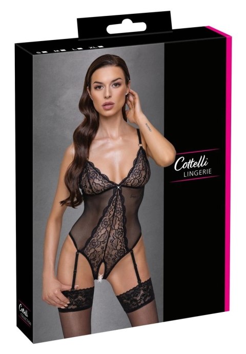 Cottelli LINGERIE - Czarne Siateczkowe Body Z Delikatną Koronką Bez Krocza L