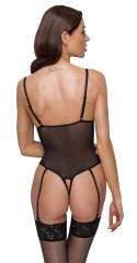 Cottelli LINGERIE - Czarne Siateczkowe Body Z Delikatną Koronką Bez Krocza S