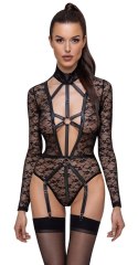 Cottelli LINGERIE - Seksowne Koronkowe Body Z Długim Rękawem Wygląd Uprzęży Czarne M